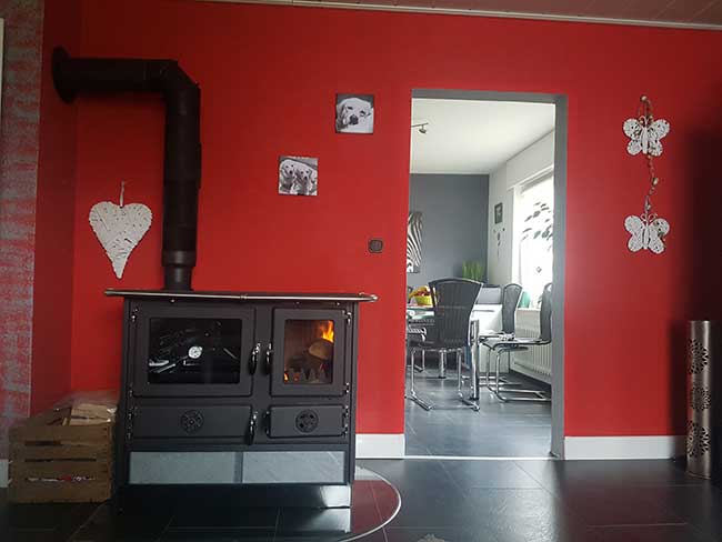 Küchenofen mit Speckstein im Wohnzimmerecke vor einer roten Wand